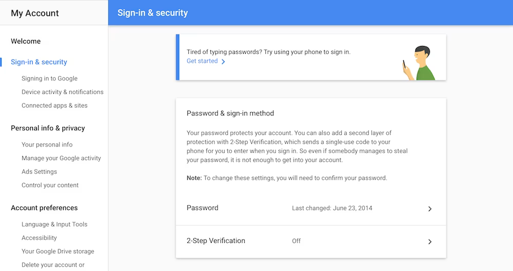 A screenshot of Zapier's sign-in & security settings. At the top a text box asks "Tired of typing passwords? Try using your phone to sign in.", with a link to "Get started". Beneath it is a box to change your password (and see when it was last changed) and to turn on two-step verification.