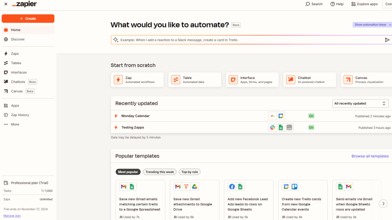 A screenshot of Zapier's automation settings. There's an option to start from scratch with a Zap (automated workflow); Table (automated data); Interface (apps, forms, and pages); chatbot (AI-powered chatbot); or Canvas(for process visualization). You can also choose from popular templates. Recently updated automations are also recorded on the page.