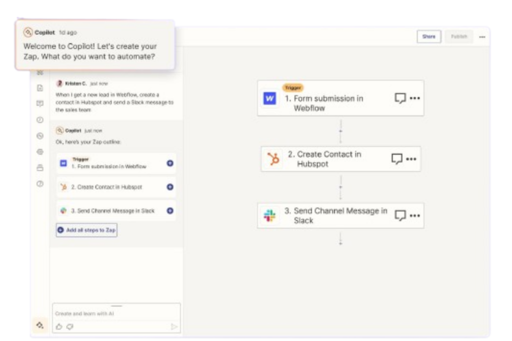A screenshot of Zapier Copilot, which is an AI chatbot that can transform regular language into a workflow (or Zap).