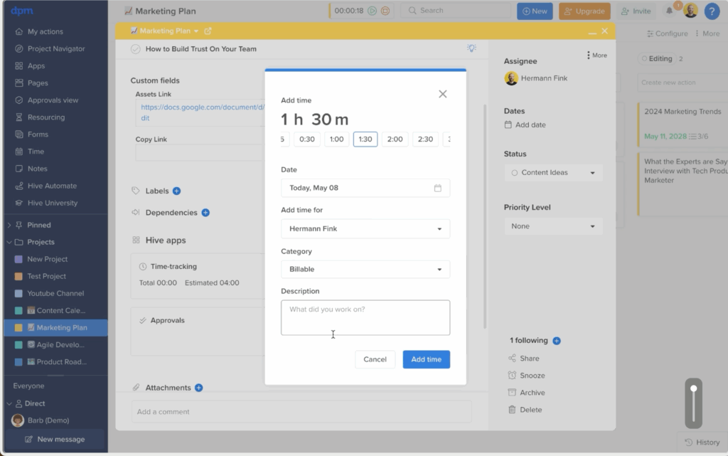 Manual time entry form in hive with duration, date, assignee, and category fields.