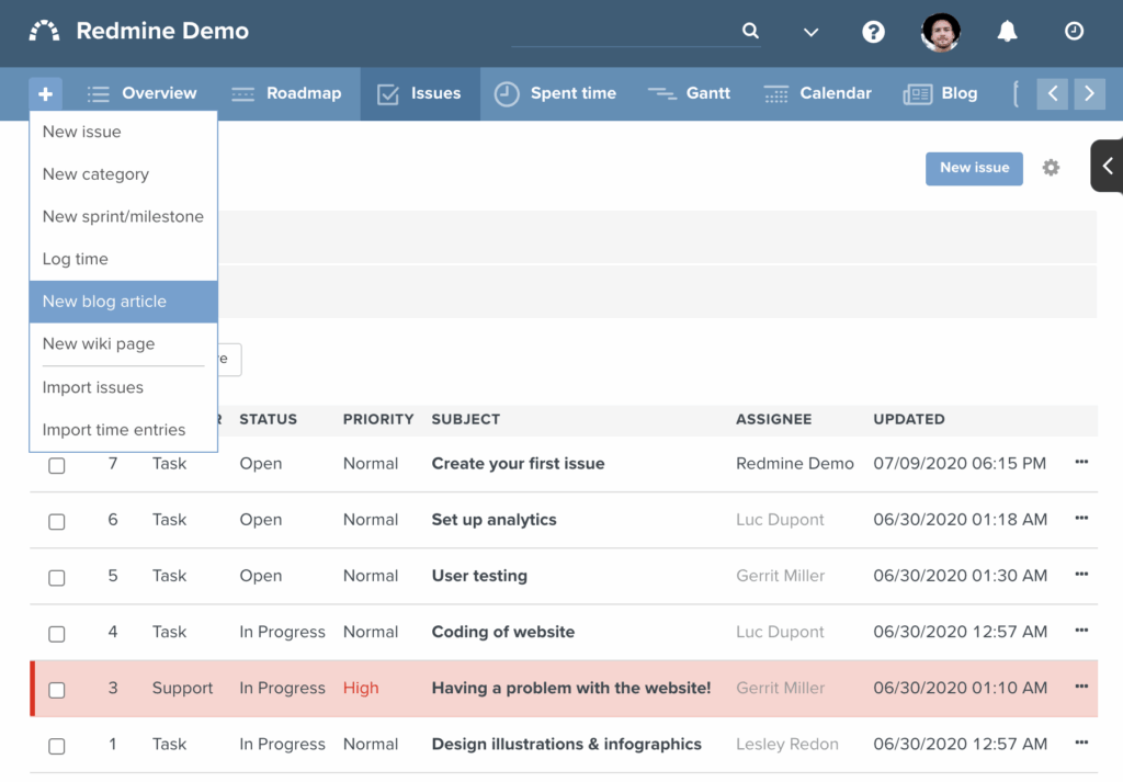 Demo mode of Redmine screenshot