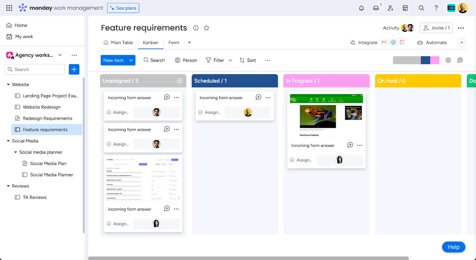 A screenshot showing a Kanban board in Monday.com
