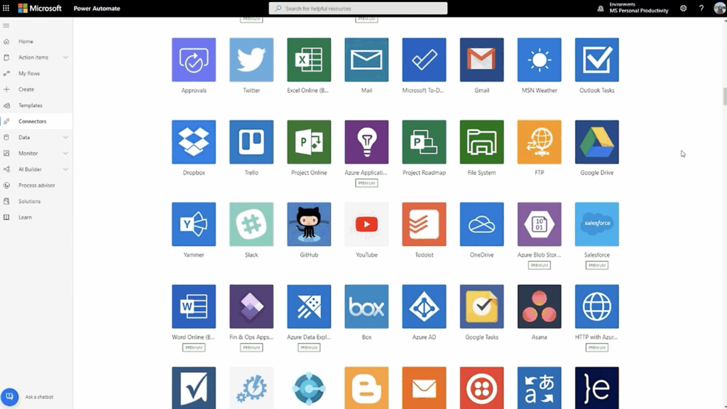 Integration capabilities of Microsoft Power Automate screenshot
