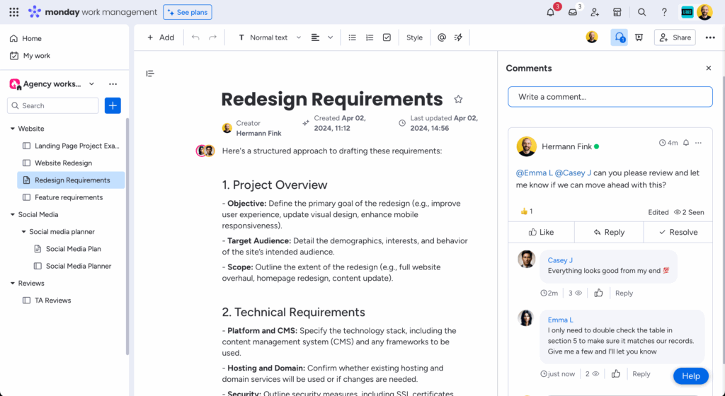 monday.com collaborative document outlining redesign requirements with team comments.