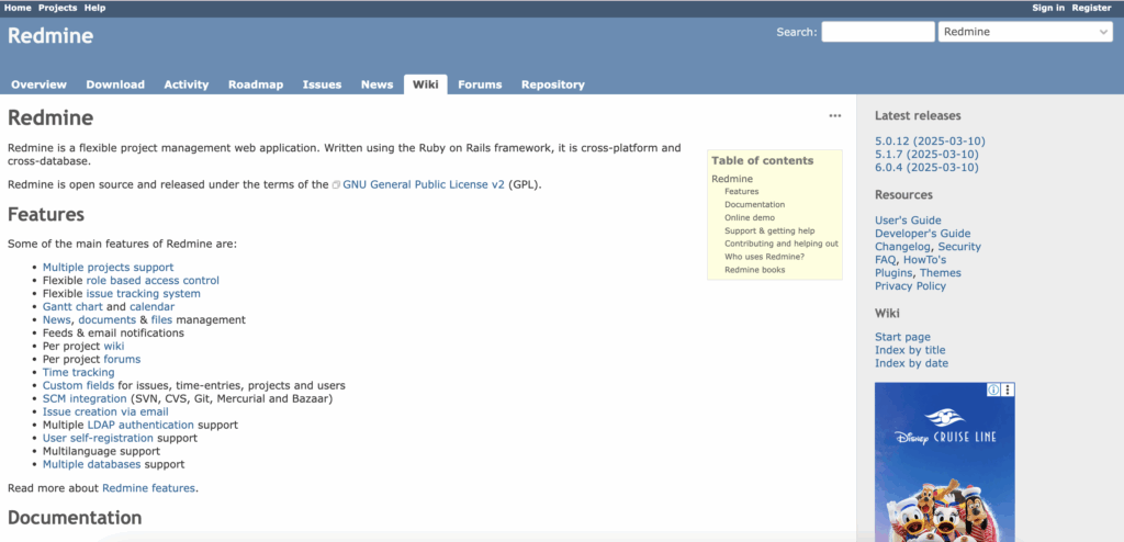 Website screenshot of Redmine