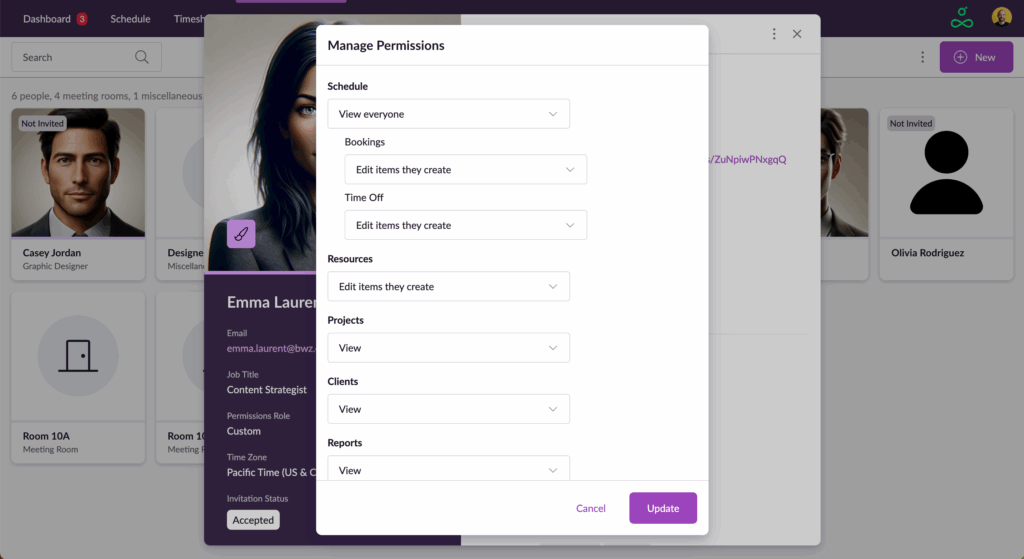 User managing custom permissions for scheduling, projects, and reports in Resource Guru.