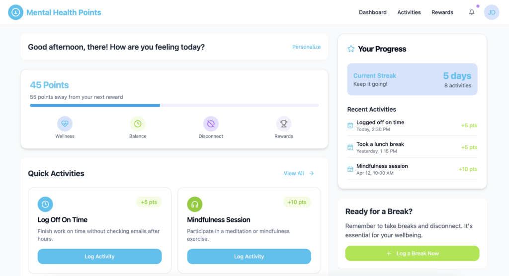 Screenshot of a mental health gamified app