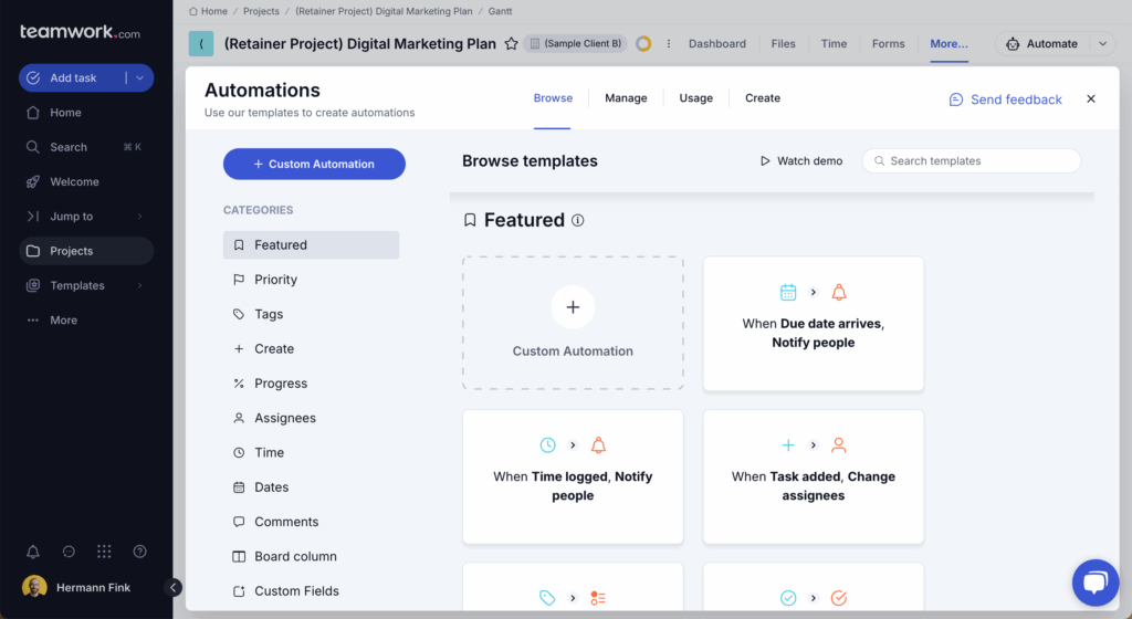 Teamwork automation panel showing workflow software features like task triggers, notifications, and custom automation templates