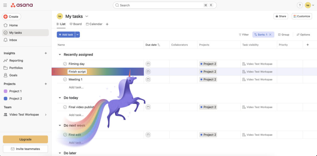 Asana's unicorn "celebration creature"