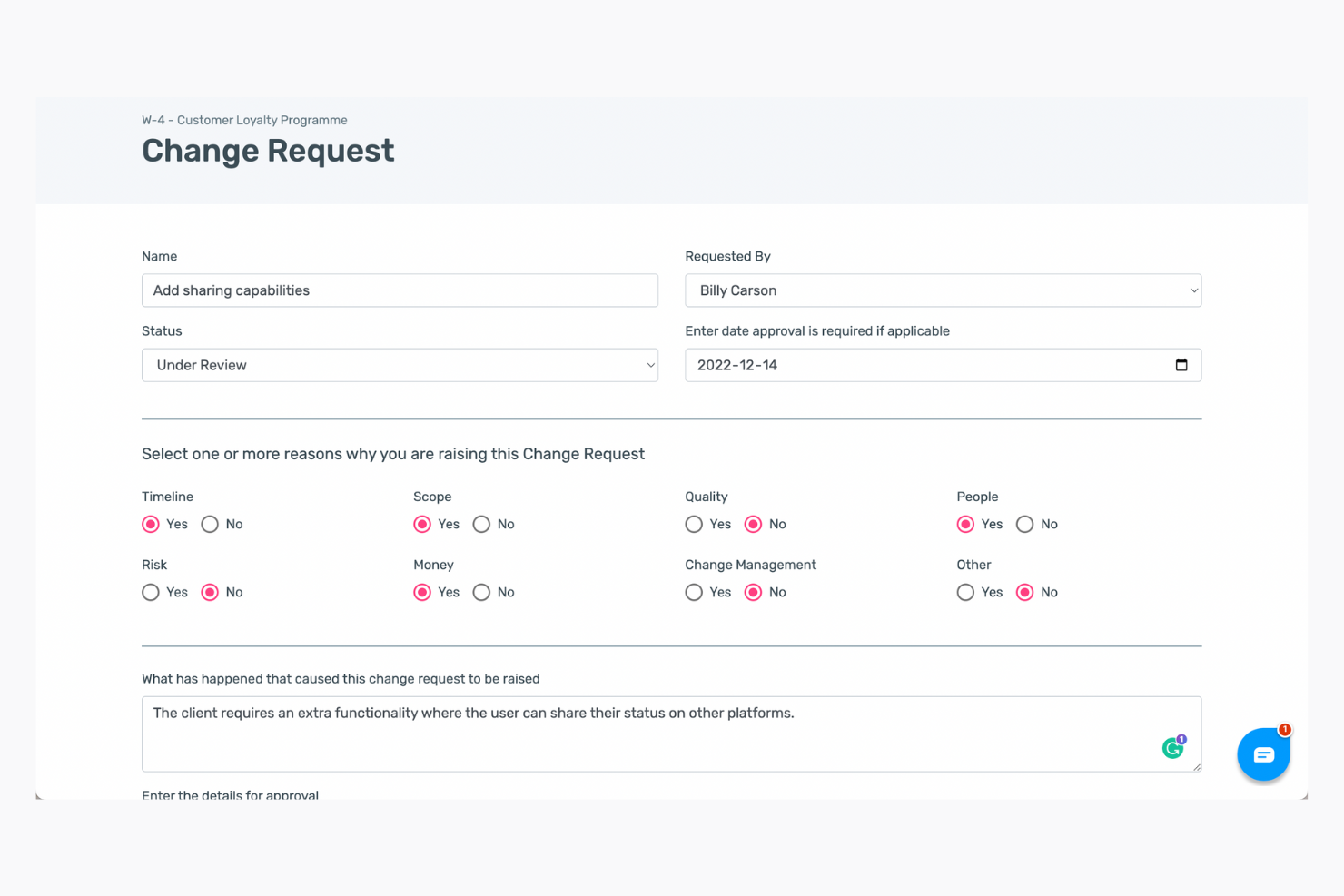 screenshot of a change request form in ESPMI showing project details, reasons, and a client-driven feature need