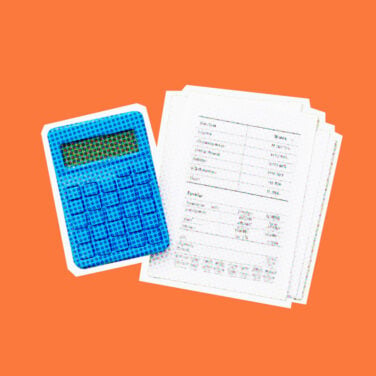 calculator and documents on an orange background for project audit