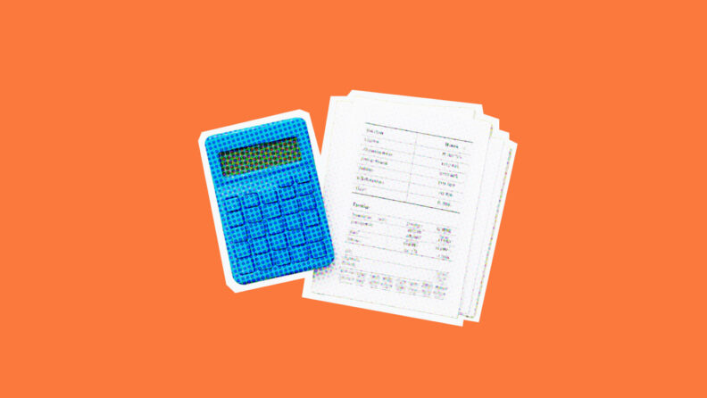 calculator and documents on an orange background for project audit