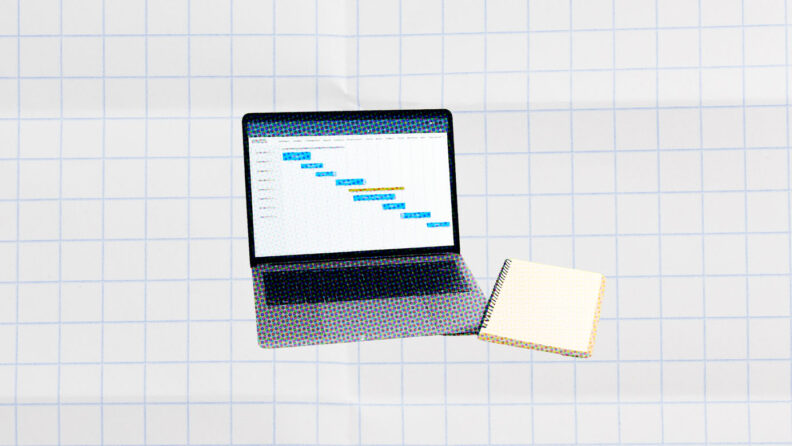 laptop with a gantt chart on it on a white background for project management principles