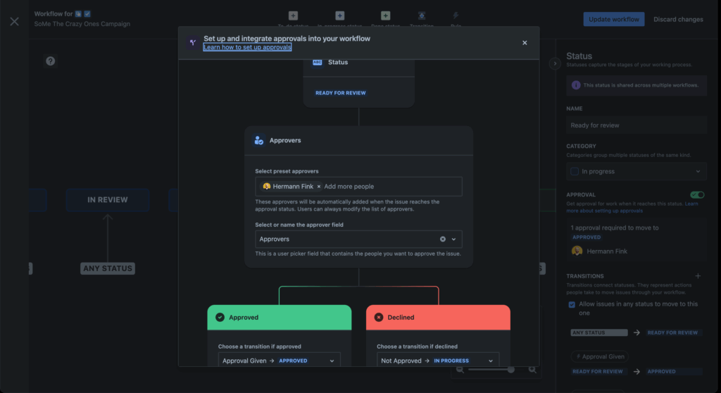screenshot of an approval workflow example in Jira
