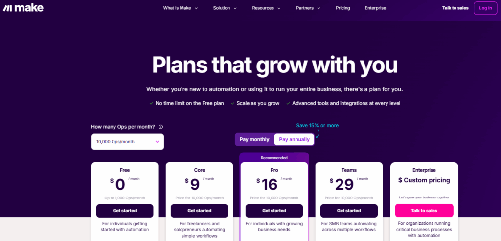 Make.com pricing screenshot