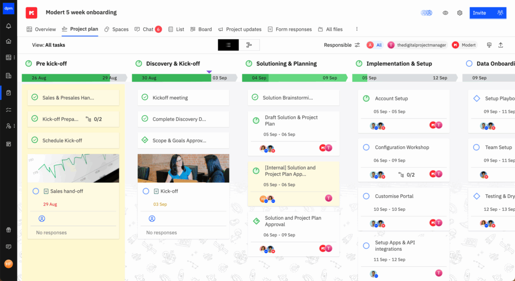 screenshot of a project plan in Rocketlane with task statuses across onboarding phases