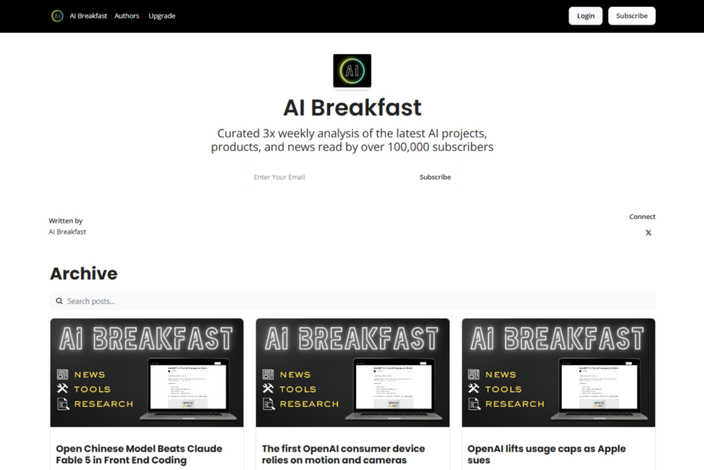 AI Breakfast newsletter homepage featuring AI news, research, and product updates