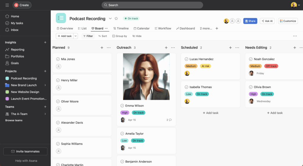 screenshot of Asana board view
