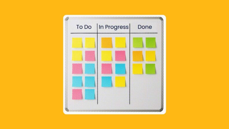 kanban board on an orange background for task management strategies