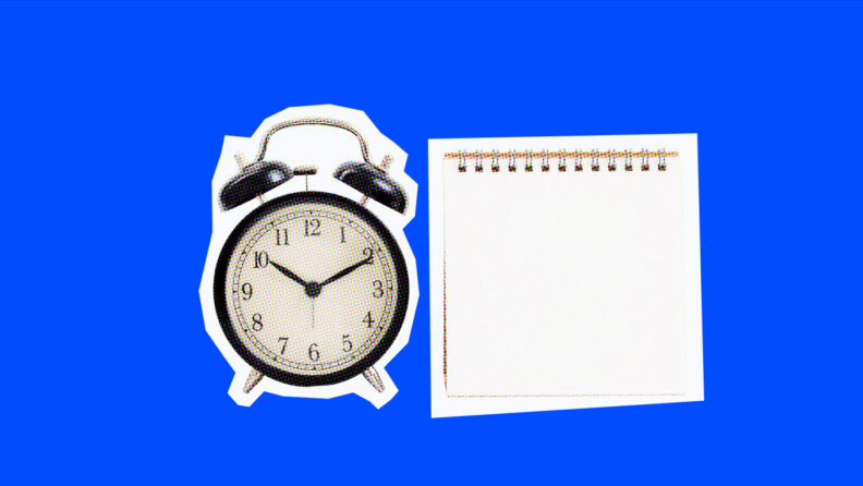 alarm clock and notebook on blue background for meeting deadlines