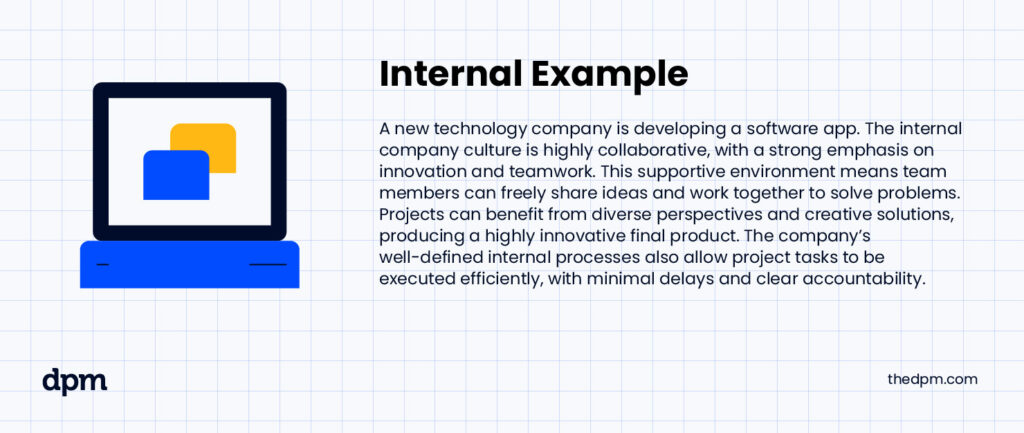 Internal Example - A new technology company is developing a software app. The internal company culture is highly collaborative, with a strong emphasis on innovation and teamwork. This supportive environment means team members can freely share ideas and work together to solve problems. Projects can benefit from diverse perspectives and creative solutions, producing a highly innovative final product. The company’s well-defined internal processes also allow project tasks to be executed efficiently, with minimal delays and clear accountability.