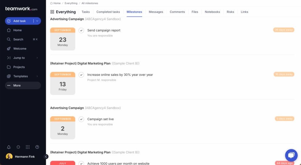 screenshot of project milestone list with due dates, goals, and days until or since deadline in teamwork.com