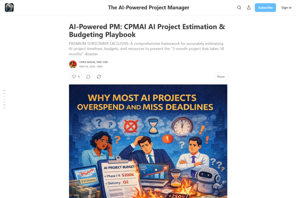 The AI-Powered PM newsletter article about AI project estimation and budgeting strategies