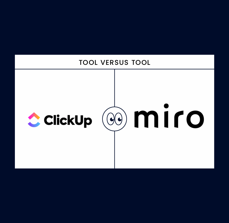Clickup Versus Miro logos on a black background