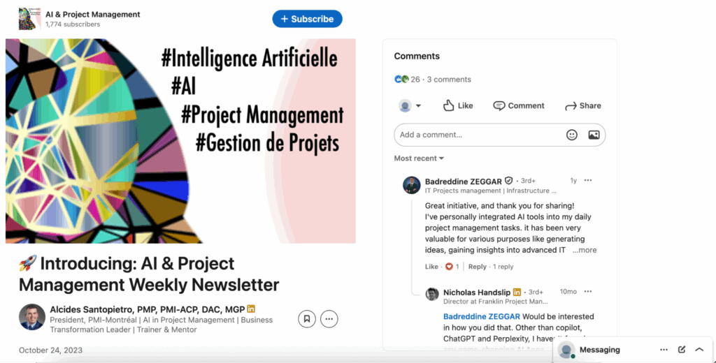 LinkedIn page of the AI & Project Management newsletter