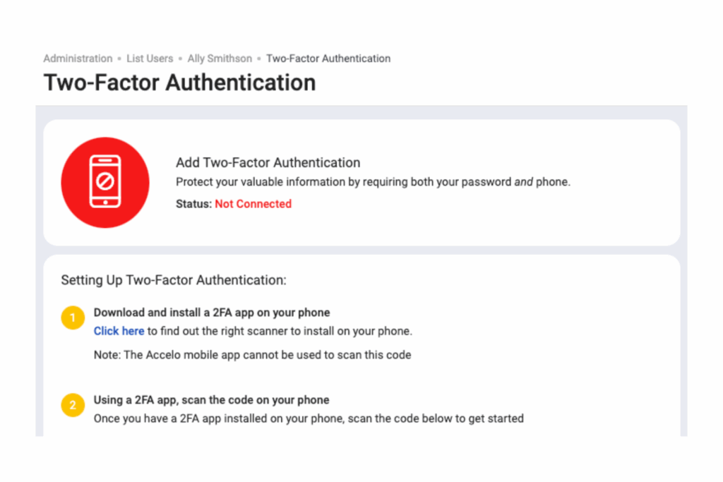 screenshot of accelo security measures