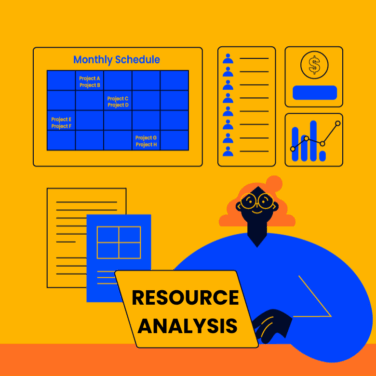 Character sitting in front of laptop depicting working on resource analysis. Graphs and charts around them.