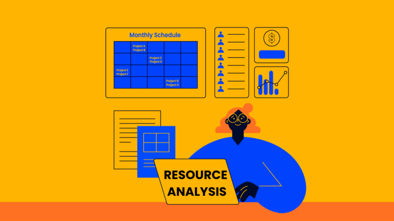 Character sitting in front of laptop depicting working on resource analysis. Graphs and charts around them.