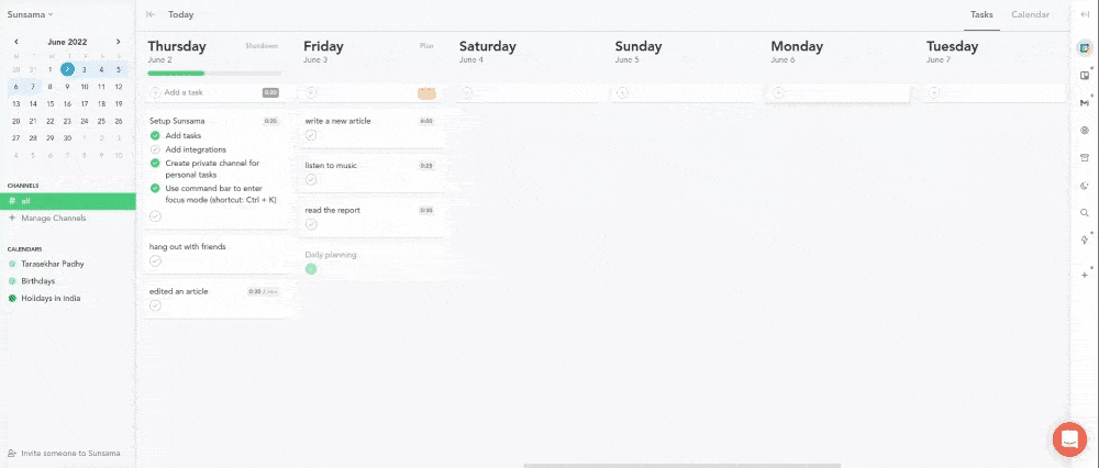 Timeboxing example using Sunsama