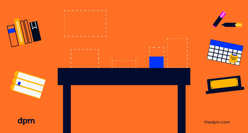 A desk with a cup on it. Surrounding it are various things to be placed on the desk in an organized manner—books, notebooks, highlighters, a calendar, and a nameplate.