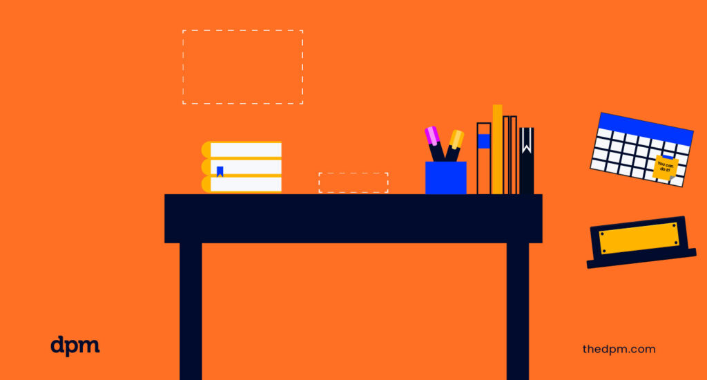 In this image, the books have been placed in their proper spot on the right side of the desk.