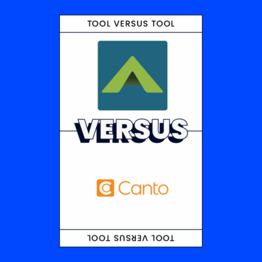 Filecamp Versus Canto logos on blue background