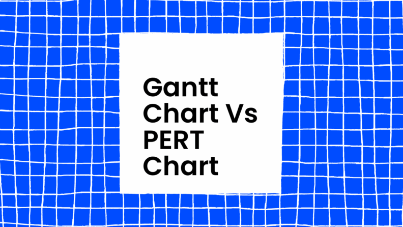 Gantt chart Versus Pert chart text on blue grid background