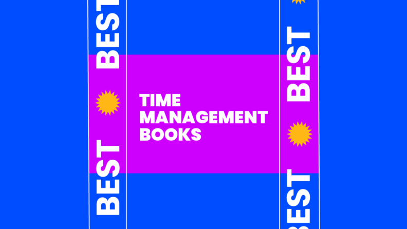 Time management books text on pink and blue background