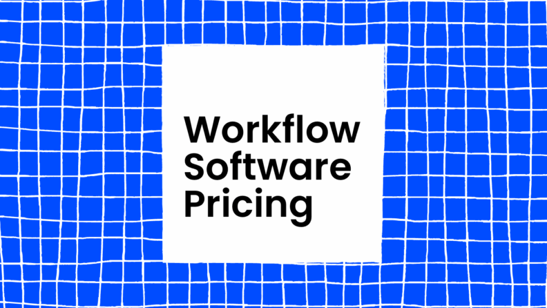 Workflow software pricing text on blue grid background