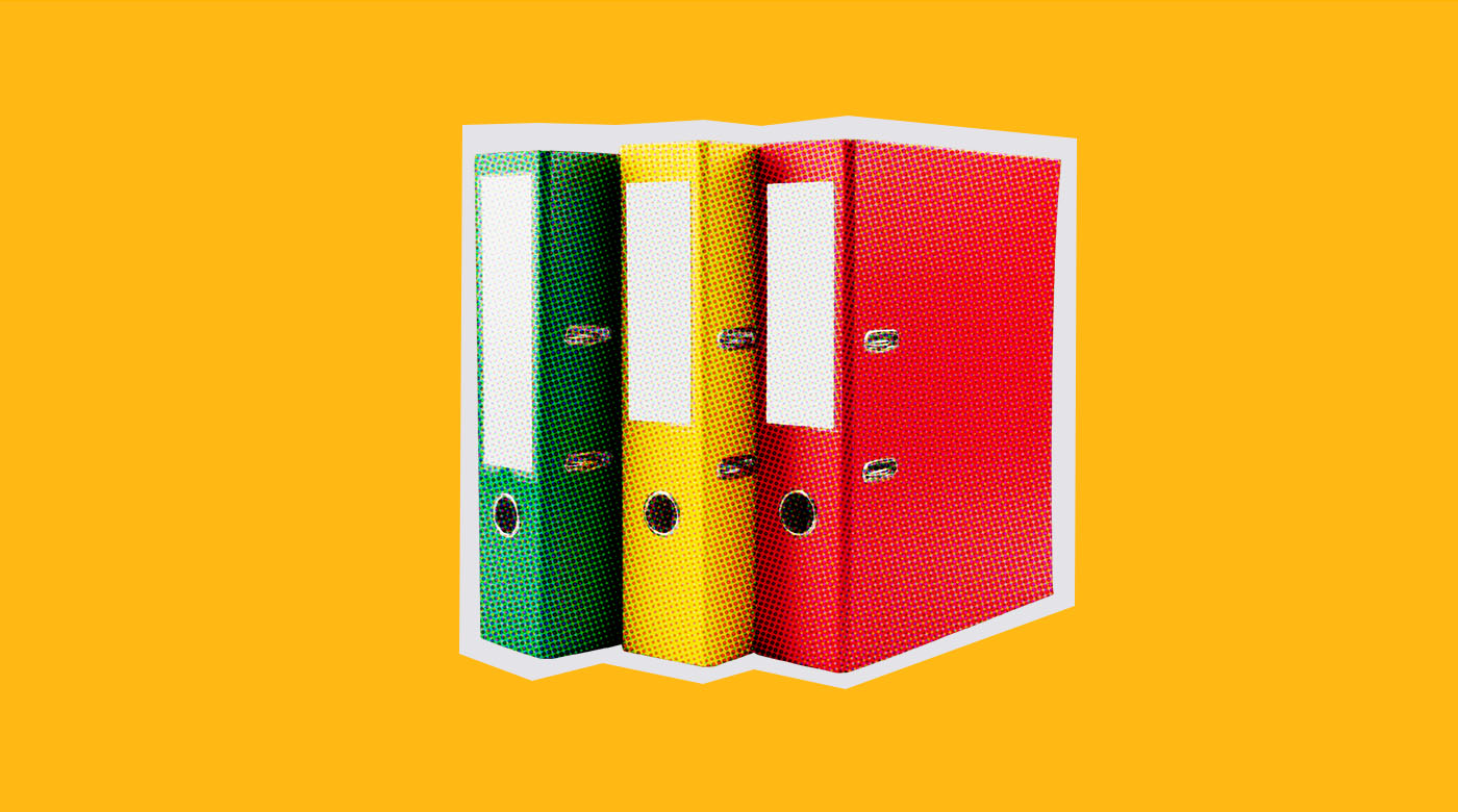 binders on an orange background for document management lifecycle