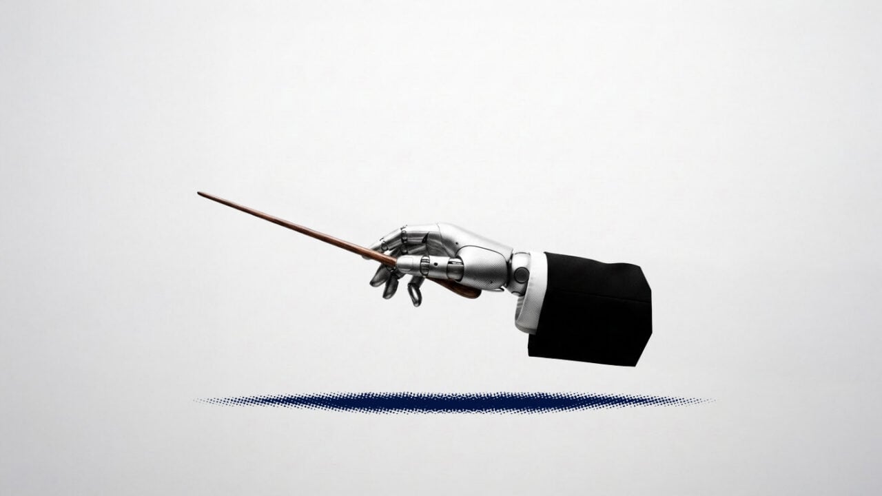 robot hand with a conductor baton for ai in orchestration