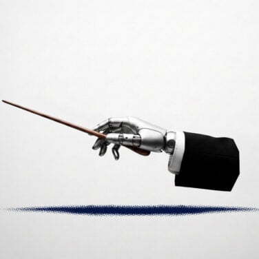 robot hand with a conductor baton for ai in orchestration