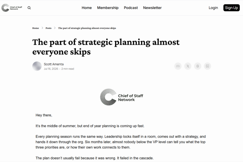 Chief of Staff Network newsletter article on strategic planning