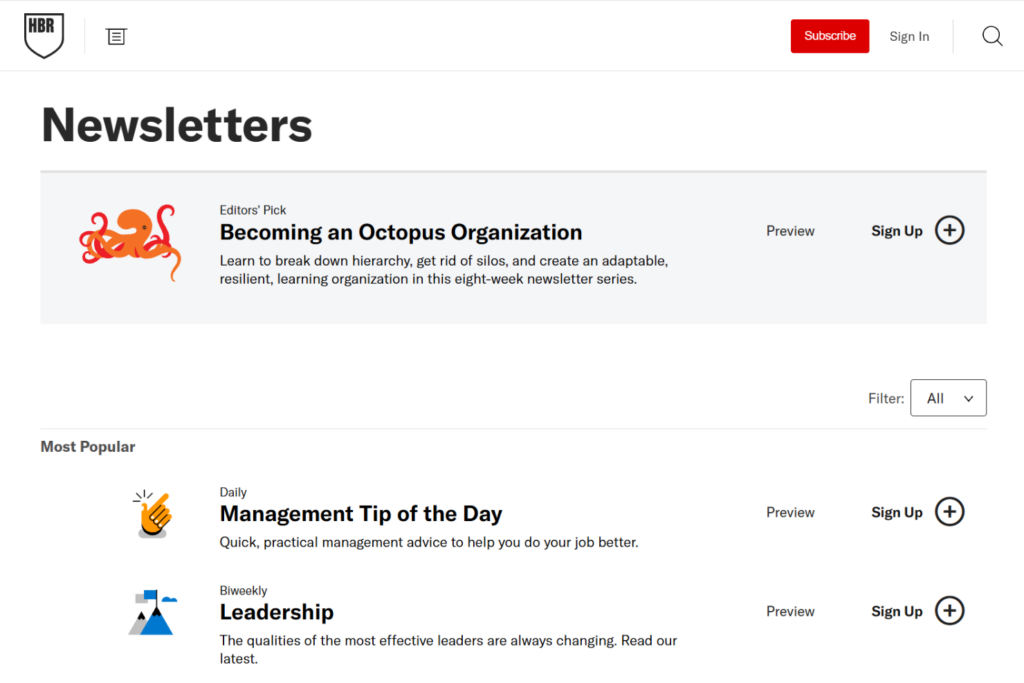 HBR newsletter page featuring Management Tip of the Day