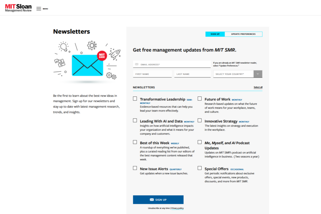 MIT SMR newsletter subscription page with management newsletter options
