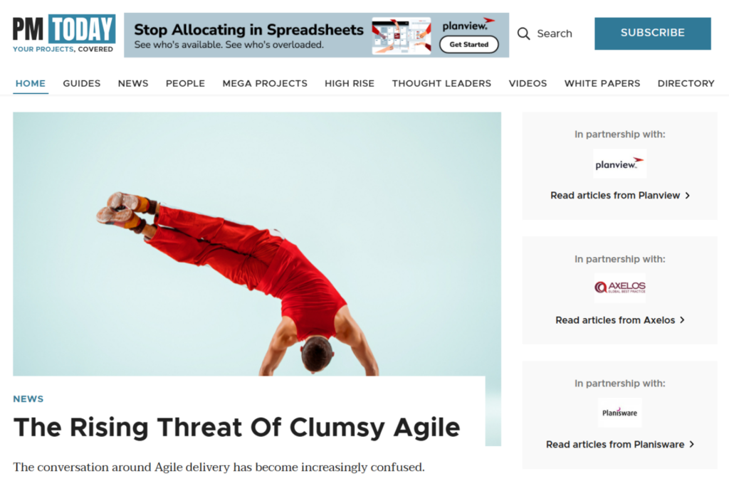 PM Today homepage featuring project management news and featured articles
