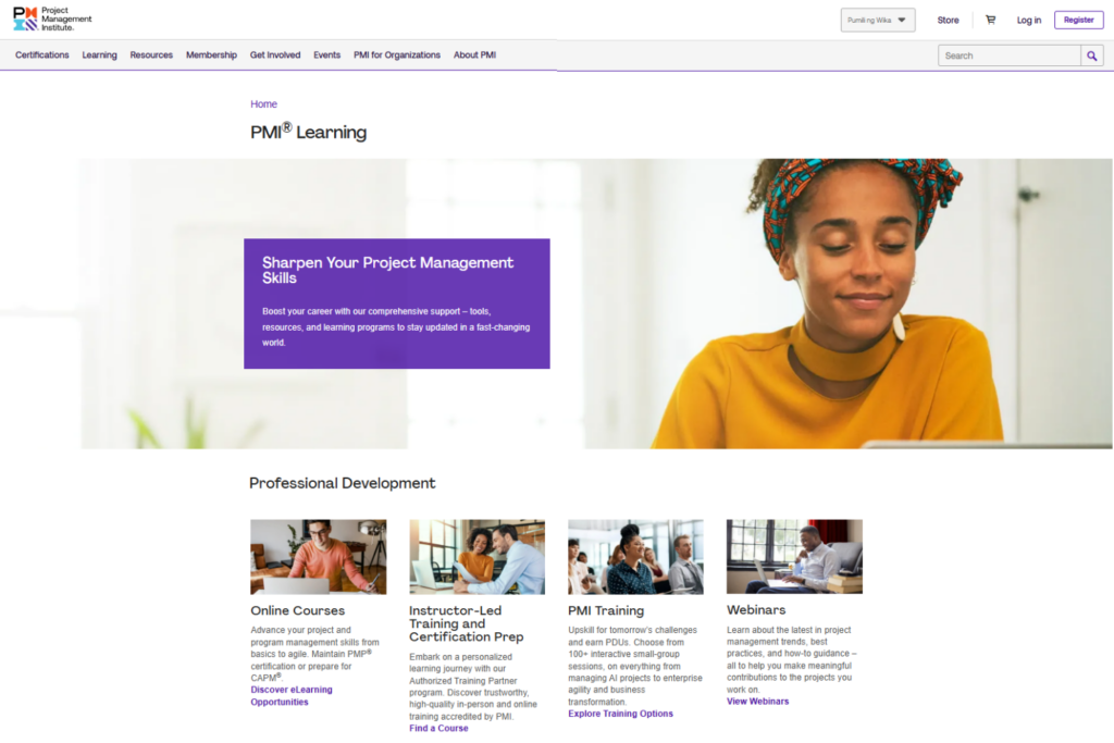 PMI Enterprise Newsletter learning page with courses, training, and webinars