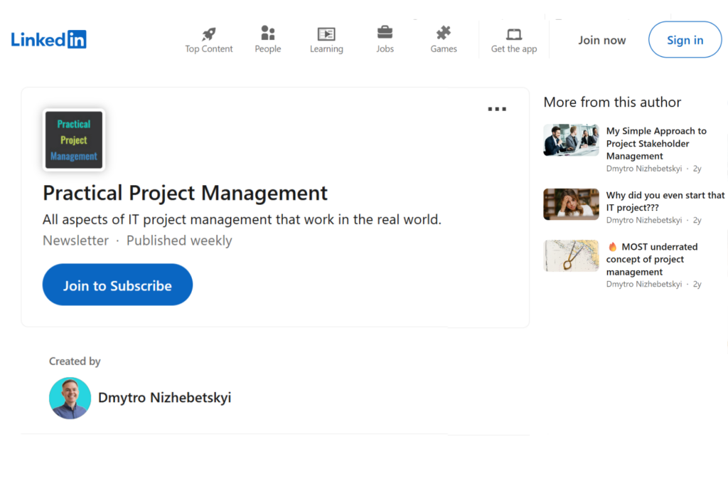 Practical Project Management LinkedIn newsletter subscription page
