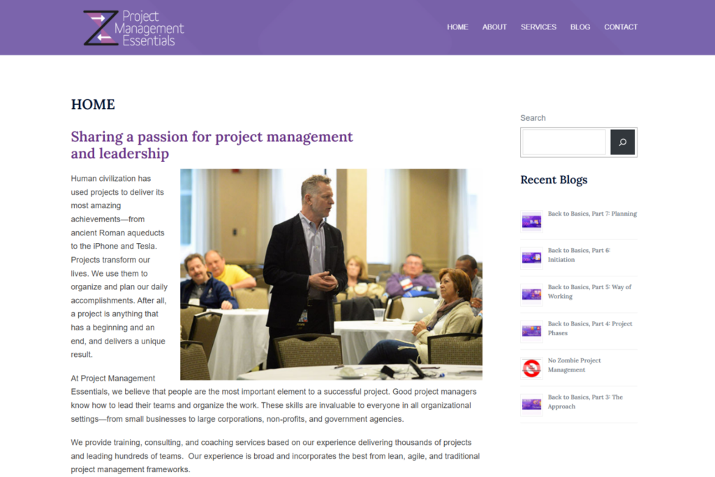 Project Management Essentials homepage featuring project leadership resources and blog