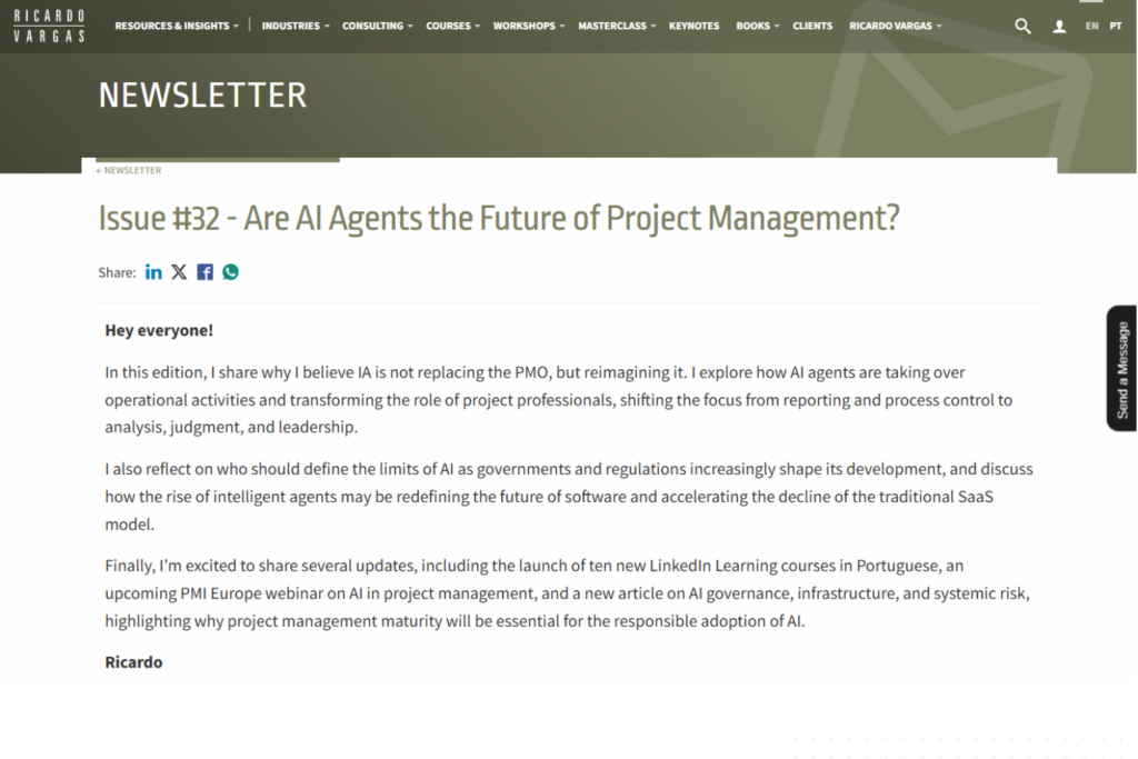 Ricardo Vargas Newsletter featuring an article on AI in project management